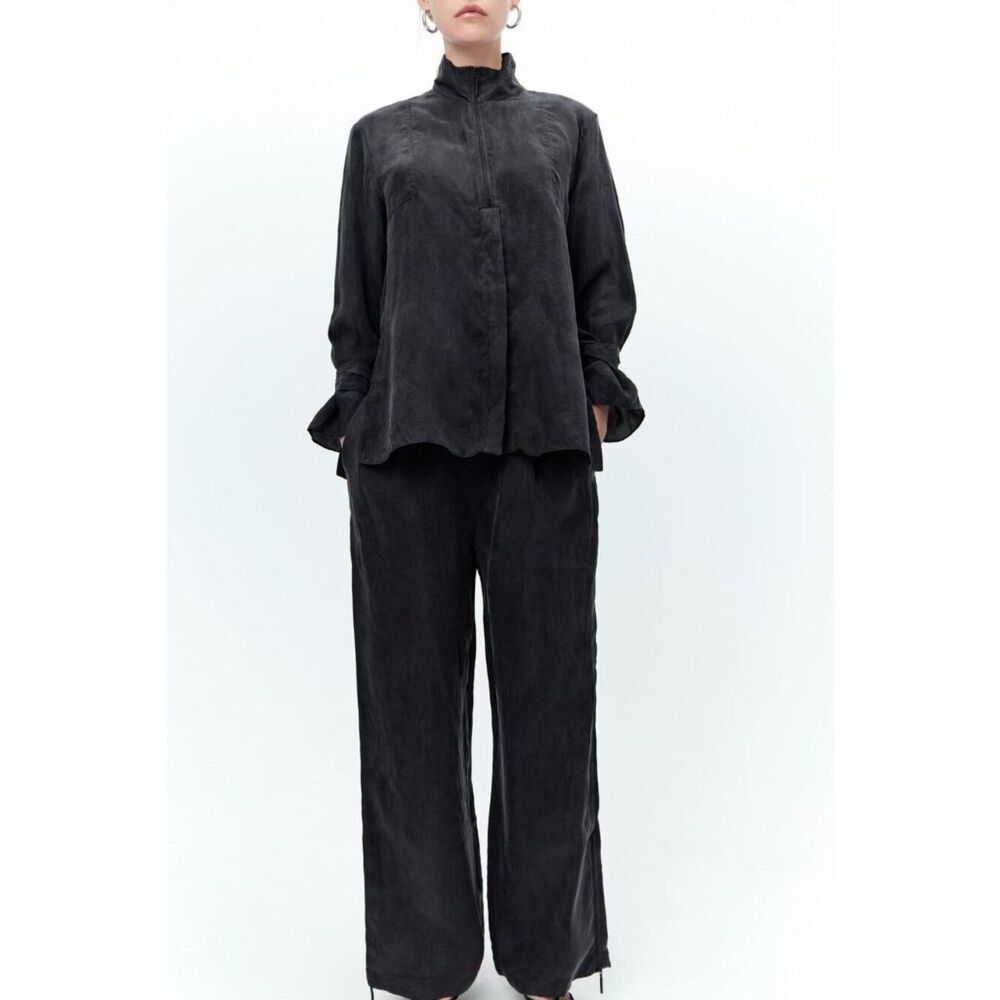 Zara Womens Shirt Blouse Full Zip Jacket Small Black Long Sleeve 9440/201 NWT